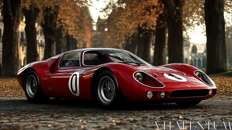 Classic red race car glowing softly on an autumn avenue.