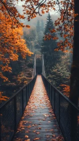Amber bridgeway into misty autumn forest silence.