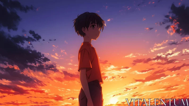 Boy in silhouette watches vivid orange and violet sunset sky
