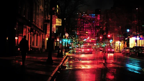 Neon rain stitches double-exposed ghosts into the city night