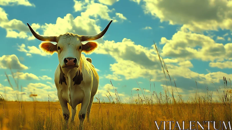 Gentle longhorn cow standing peacefully in golden meadow.