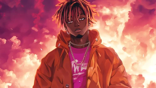 Hooded youth stands before radiant pink storm clouds