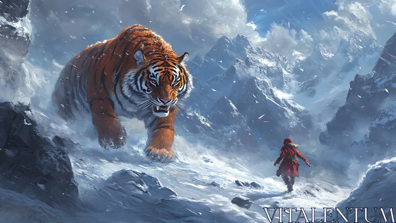 Digital painting of tiger pursuit in windswept alpine ravine.