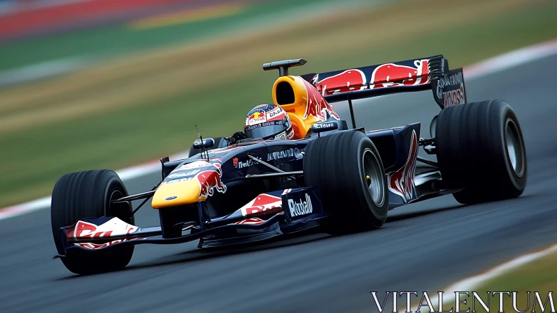 Formula 1 Red Bull car attacks fast circuit corner at speed.