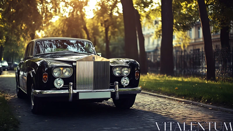 Classic luxury car gleams along a sunlit cobblestone street
