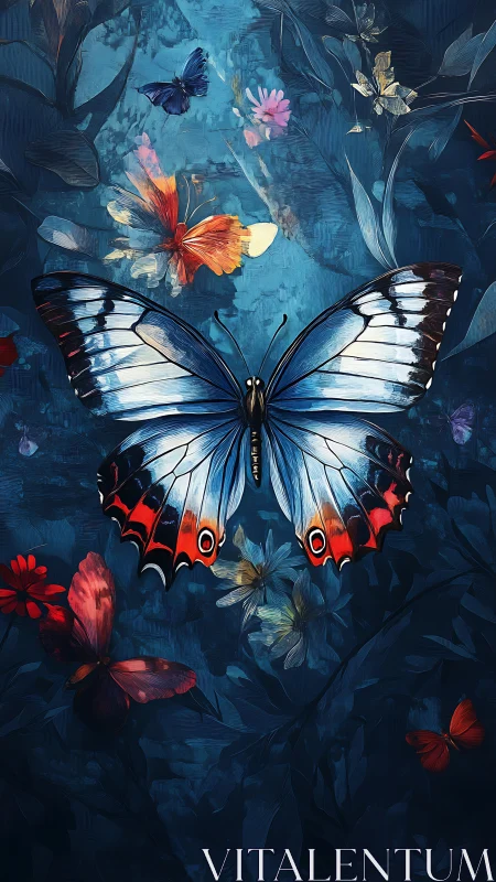 Blue butterfly illustration over dark floral night garden.
