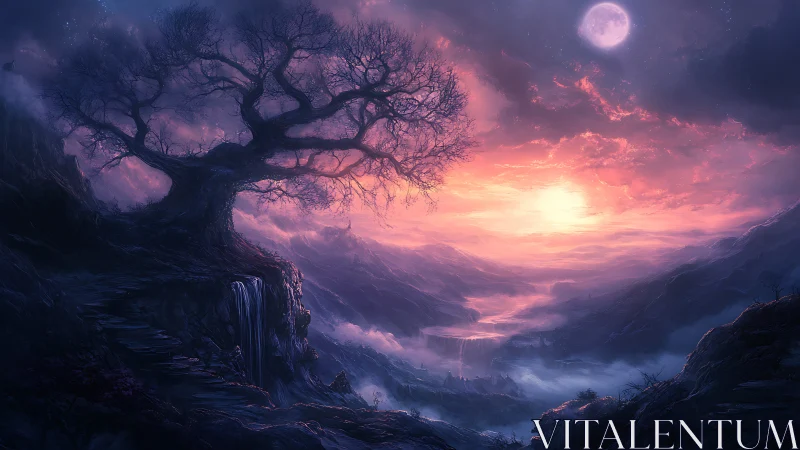 Twisted cliffside tree overlooks luminous twilight valley vista