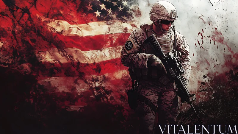 Armed soldier silhouette before distressed US flag backdrop.
