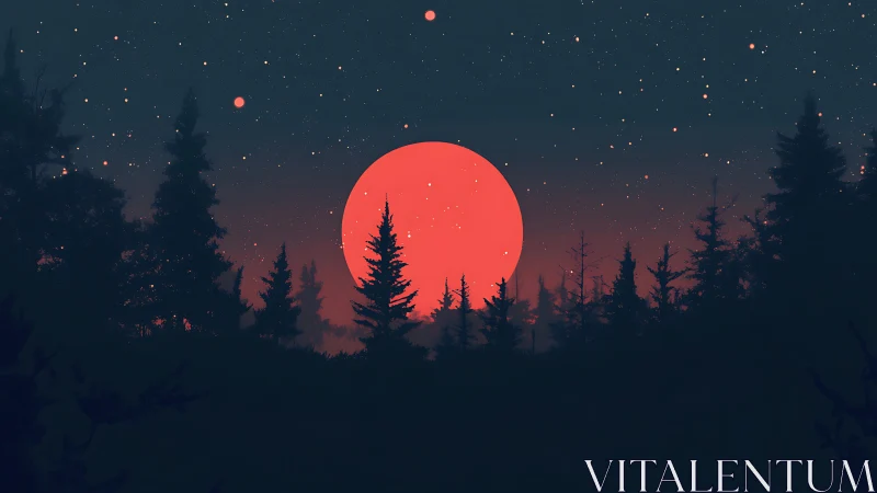 Crimson moon rises over midnight forest under starlit sky