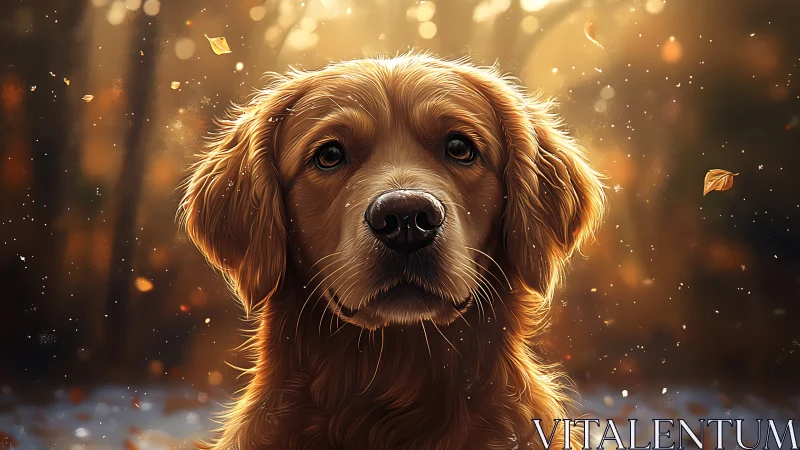 Golden retriever portrait under warm autumn backlight.