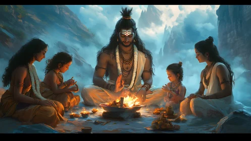 Sacred mountain family gathered in gentle firelit devotion.