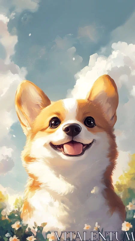 Sunlit corgi delight beneath storybook summer clouds.