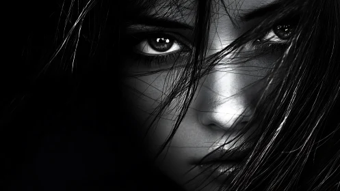 Close black and white portrait with intense direct gaze.