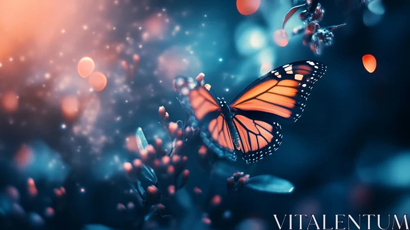 Monarch butterfly glows amid blue bokeh forest dusk.
