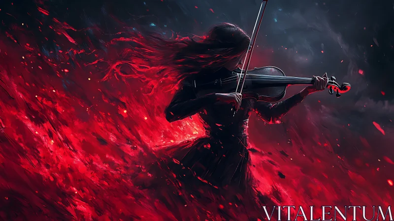 Silhouetted violinist stands amid red abstract energy field