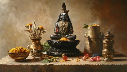 Shiva idol amid brass vessels and marigold offerings on altar