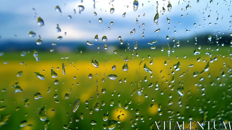 Raindrop constellations over blurred summer meadow window.
