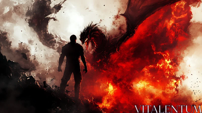 Silhouetted warrior confronts fire dragon amid split smoke and flame