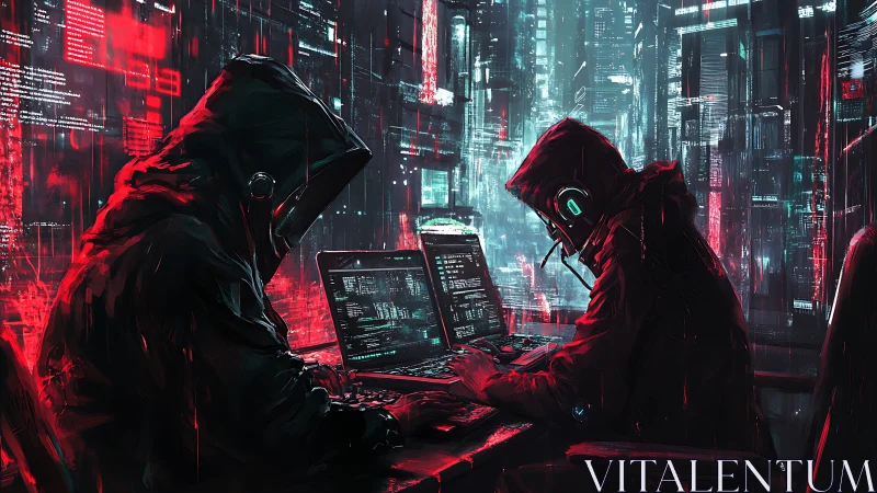 Cyberpunk hackers breach neon city grid in virtual crossfire.