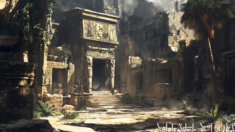 Sunlit ruins whisper toward a shadow-drenched temple gate
