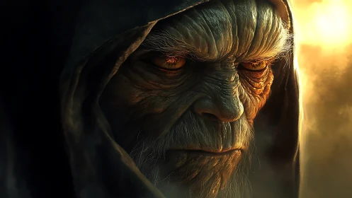 Brooding hooded elder gazes into glowing golden light calmly