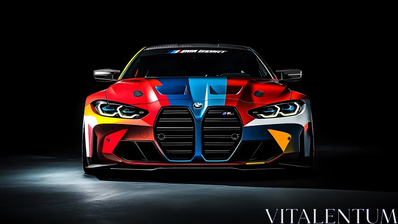 Bold rainbow race car glowing against deep black backdrop.