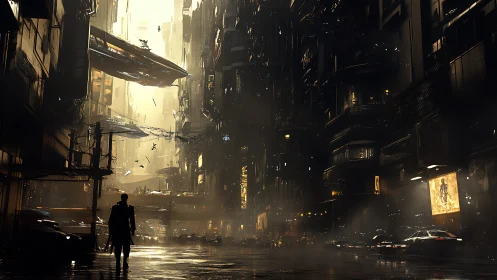 Silhouetted figure walks through dense futuristic city canyon