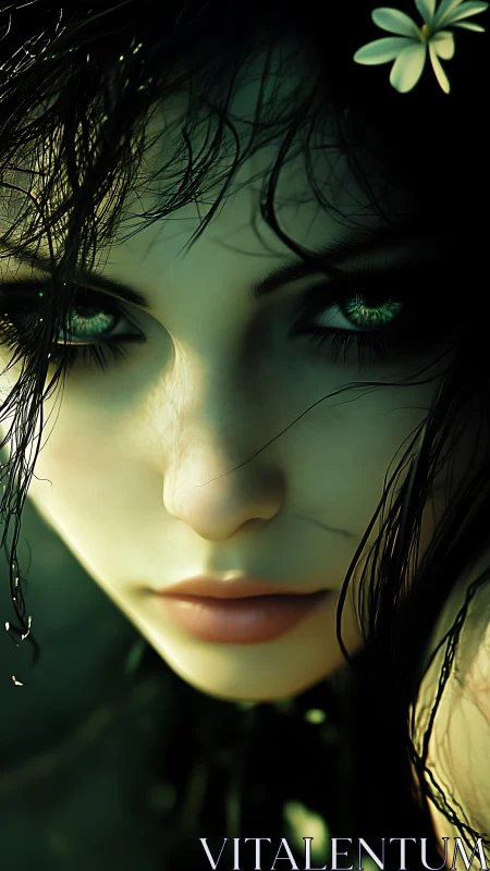 Glimmering-eyed forest nymph in close cinematic portrait.