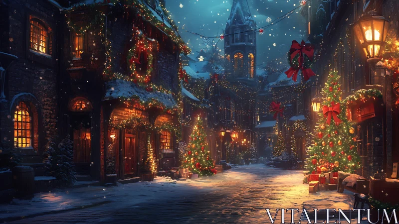 Snowy old town street glows under warm Christmas lights