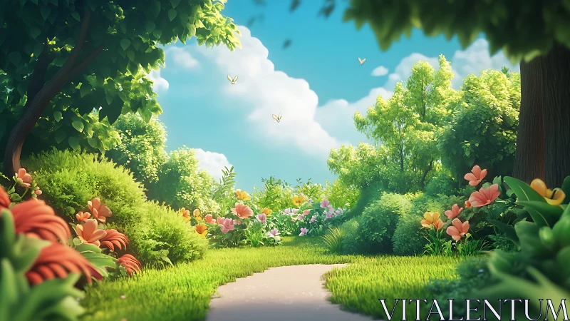 Sunny garden path lined with soft flowers and bright greenery.