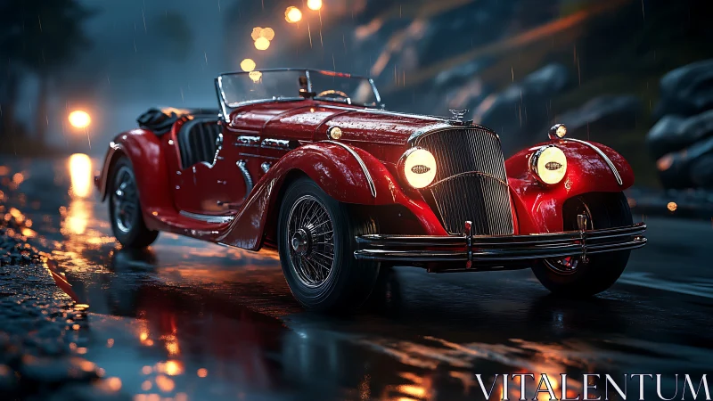 Red vintage roadster on wet night street with headlights on.