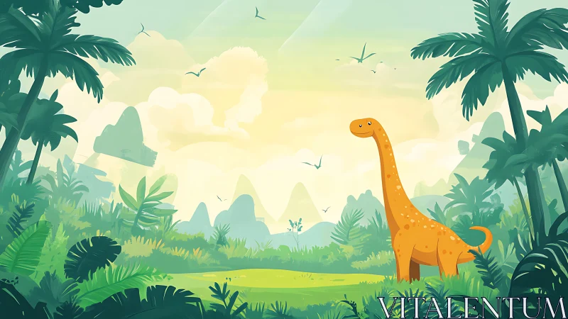Stylized dinosaur in lush prehistoric jungle landscape design.
