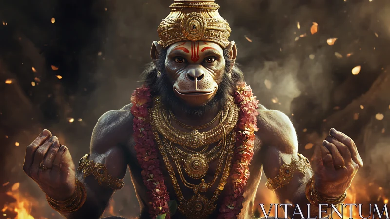 Divine simian warrior sits in glowing embers and gold regalia.