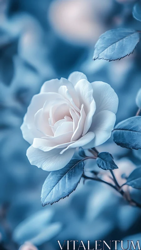 Delicate white rose blooms against cool blue tones
