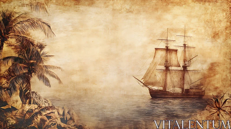 Old sailing ship passes rocky tropical shoreline in sepia tones