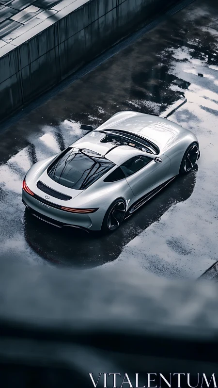 Silver futuristic sports car on wet urban rooftop.