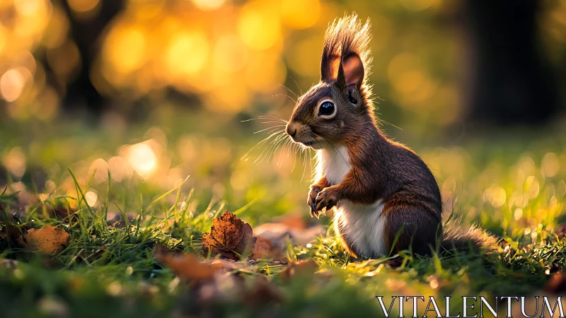 Red squirrel in backlit grass with autumn foliage bokeh.