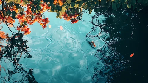 Autumn leaves reflected over teal rippled water surface.