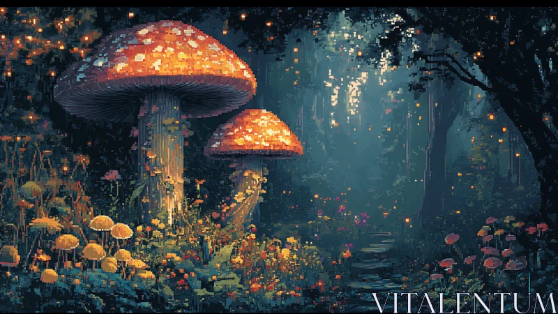 Glowing forest mushrooms illuminate a dreamy pixel night