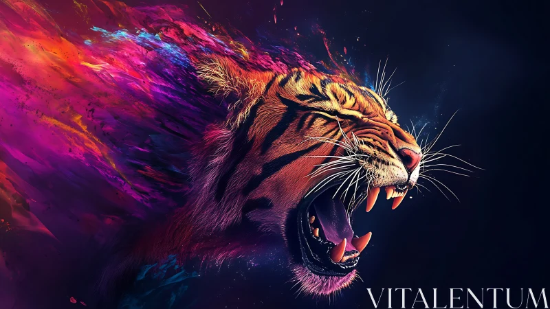 Roaring tiger head dissolving into luminous prismatic paint streaks