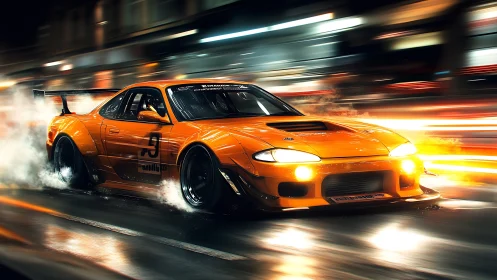 Aerodynamic drift car cornering through neon-lit wet city street