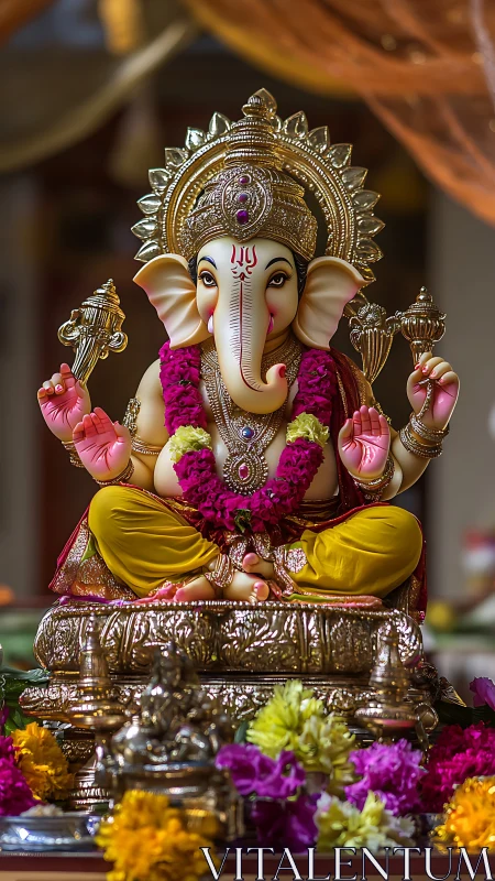 Ganesh idol radiates gold detail and vivid festive color.