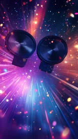 Neon stage speakers in radial light burst digital composition.