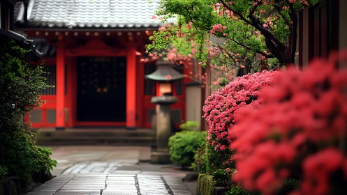 Tranquil temple walkway framed by blooming pink flowers.