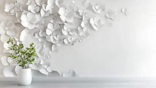 White floral wall relief with potted plant in foreground.