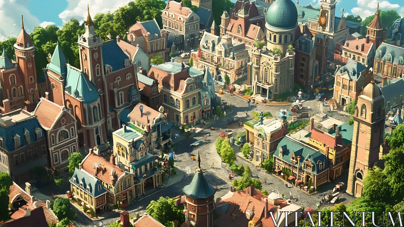 Colorful European-style town square rendered in digital 3D