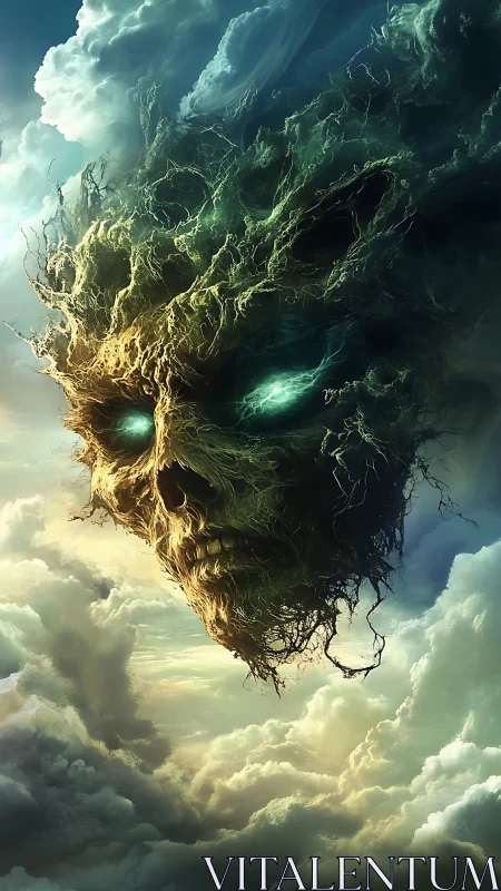 Stormborn forest spirit face emerges from swirling clouds