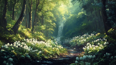 Forest landscape with waterfall and white flowers.