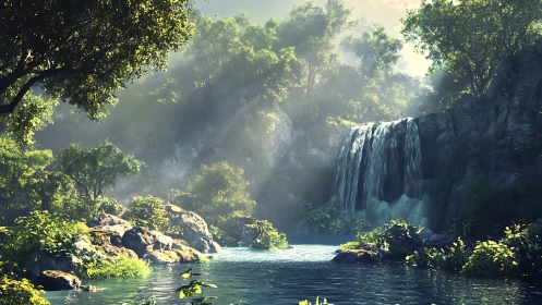 Sunlit jungle waterfall cradled in emerald mist and stone.