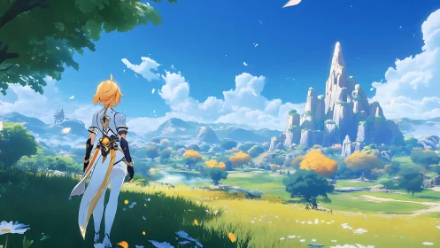 Golden-haired traveler gazes toward a bright, magical kingdom